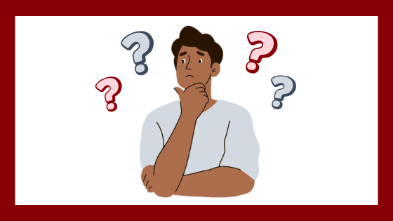 drawing of a person thinking with their hand on their chin and question marks around their head