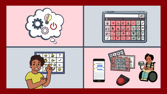 illustrations to represent Assistive Technology, AAC, speech-generating device, and speech-language pathologist