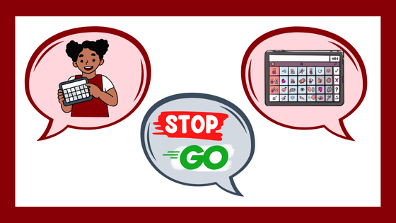 three speech bubbles with color drawings to represent aided-language input (a person pointing to a high-tech AAC device), dedicated device (a high-tech AAC device), and core vocabulary (the words stop, go)