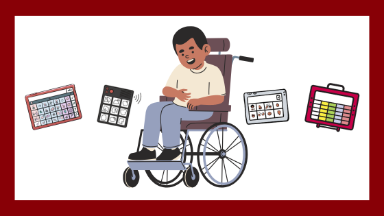 a person in a wheelchair surrounded by 4 communication device options