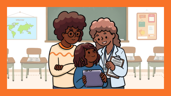 2 adults and a student standing together in a classroom. One adult is holding a clipboard. The student is holding an AAC device.
