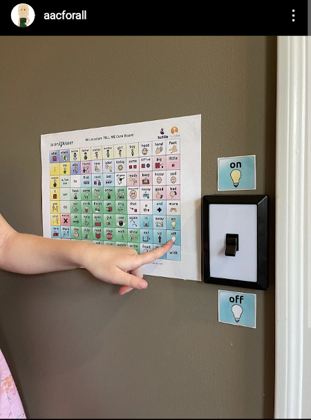 Instagram post by aacforall showing a light switch flipped off with an ‘on’ icon above it and an ‘off’ icon below it. To the left of the light switch is a core board and a hand is pointing to the ‘off’ icon.
