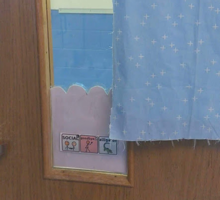 the icon sequence for “See you later alligator” (Social -> Goodbye -> Alligator) on a door