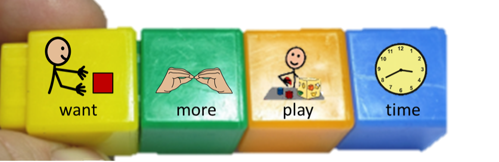 4 Unifix cubes in a variety of colors are linked together. Each cube has a different SymbolStix icon. Together the icon sentence says, “want more play time”. 