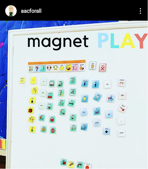 Instagram post by aacforall with a whiteboard and magnets featuring 46 individual SymbolStix word icons