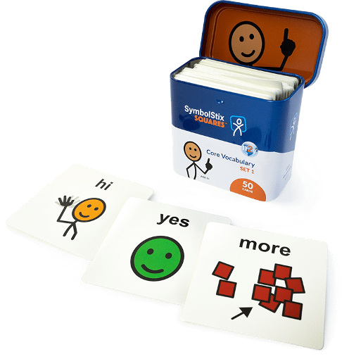 a box of set 1 of SymbolStix Squares. Three icon cards are out and together their message reads, “hi yes more”.