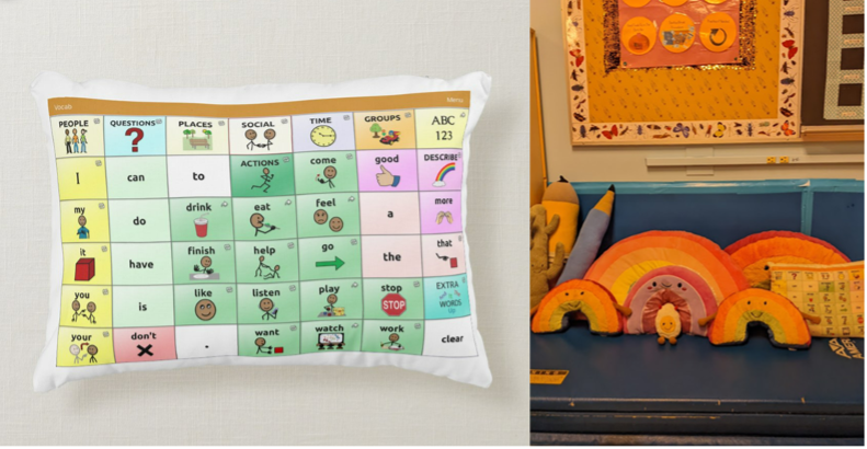 on the left is a rectangular pillow with the TouchChat 42 Basic home screen printed on it. On the right the TouchChat pillow is on a blue mat with 5 rainbow pillows, two pencil pillows, a cactus pillow, and a small, deviled egg pillow. 