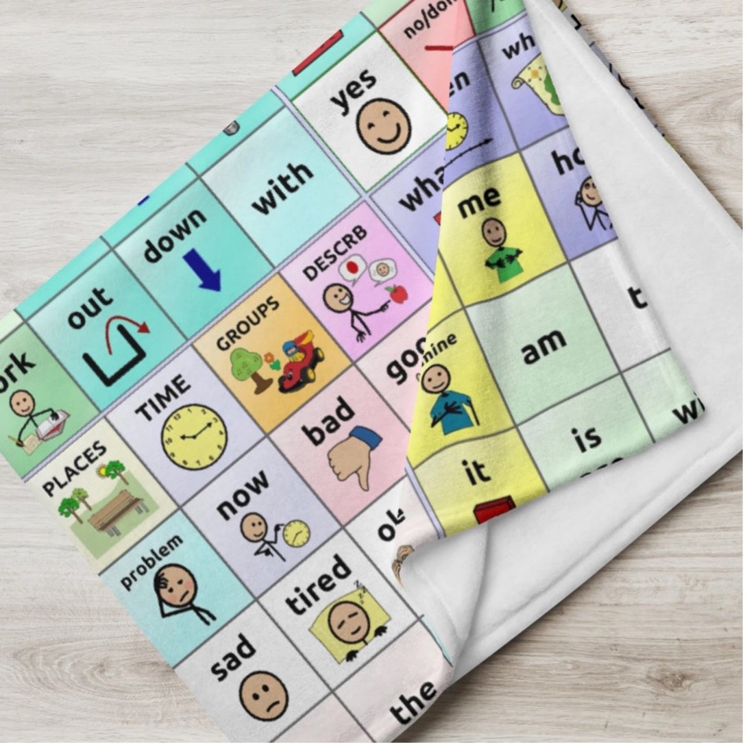 a folded blanket featuring a TouchChat icon grid is on a wood background.