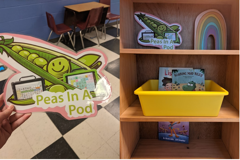 drawn smiling peas in a pod have AAC devices tucked into their shells. On the left is an Accent device, on the right is a TouchChat device. Text labels the drawing ‘Peas In A Pod’. On the right the same Peas In A Pod decoration is on a bookshelf.