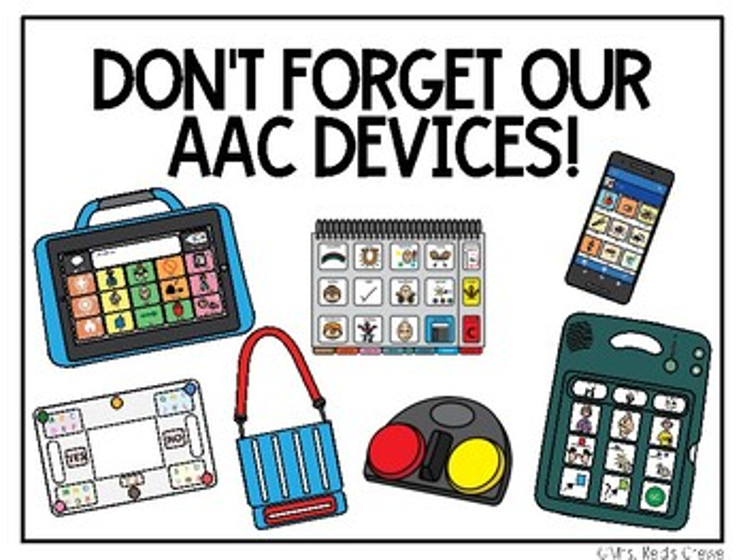 Poster reads ‘Don’t forget our AAC devices’ with images of 7 different forms of AAC devices (high-tech, flipbook, phone, etc.). 