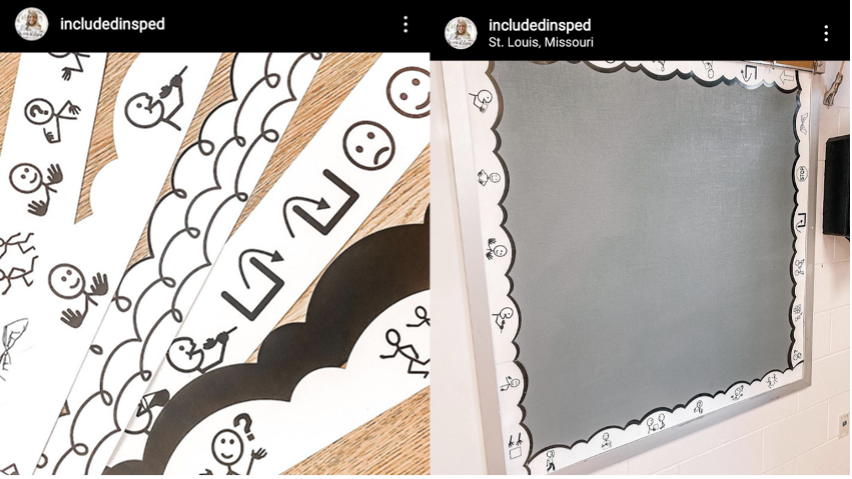 on the left are white scalloped borders with various black SymbolStix icons including eat, stop, in, out, happy, and sad. On the right the borders are up on a square gray bulletin board.