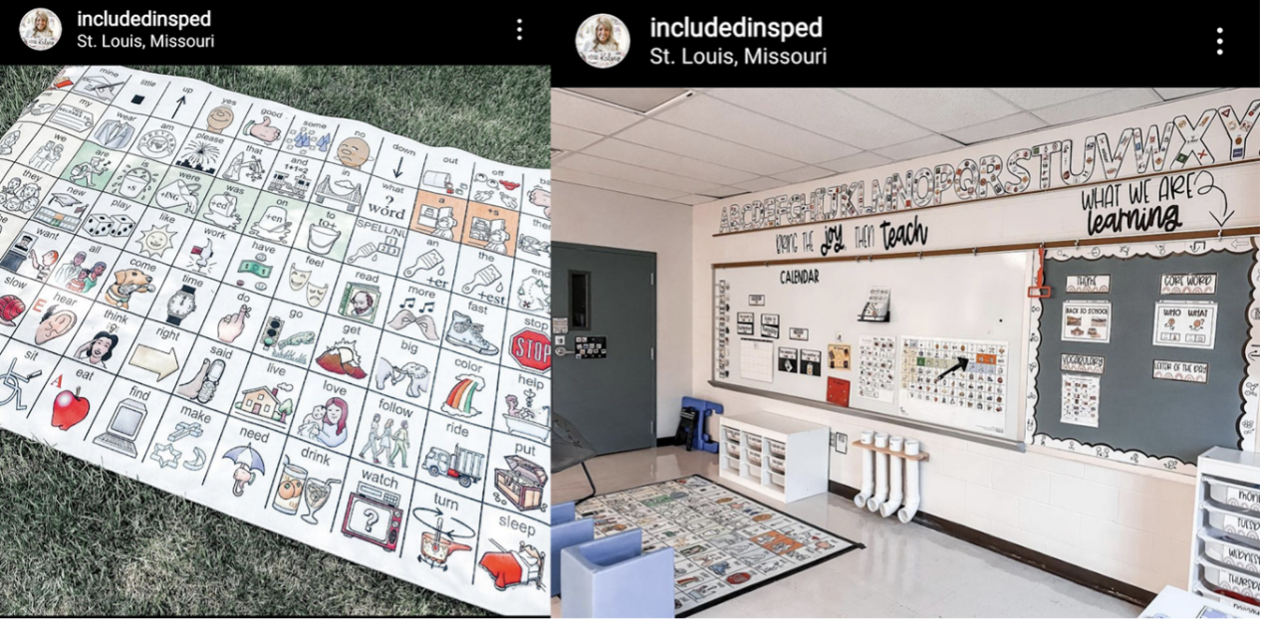on the left is a rug featuring the LAMP words for Life home screen. On the right is a clean bright classroom with the rug on the floor. 