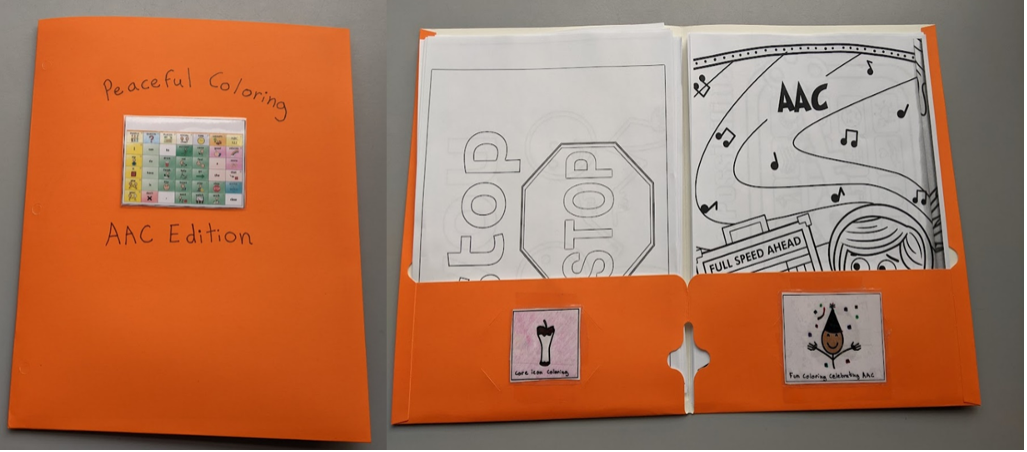 on the left is an orange folder labeled ‘Peaceful Coloring A A C Edition”. On the right the folder is shown opened with coloring sheets inside.