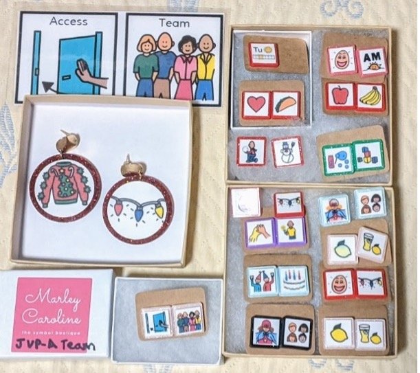 14 sets of BoardMaker icon earrings in various colors