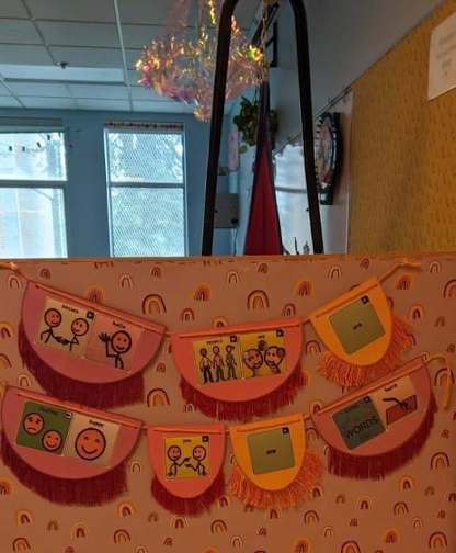 a laminated garland with the TouchChat icons for the phrase “Hello we are so happy you are here”. Each icon is on its own scalloped paper and alternating colored fringe is hanging off each. The ‘We’ includes photos of the faces of staff who work in the classroom.