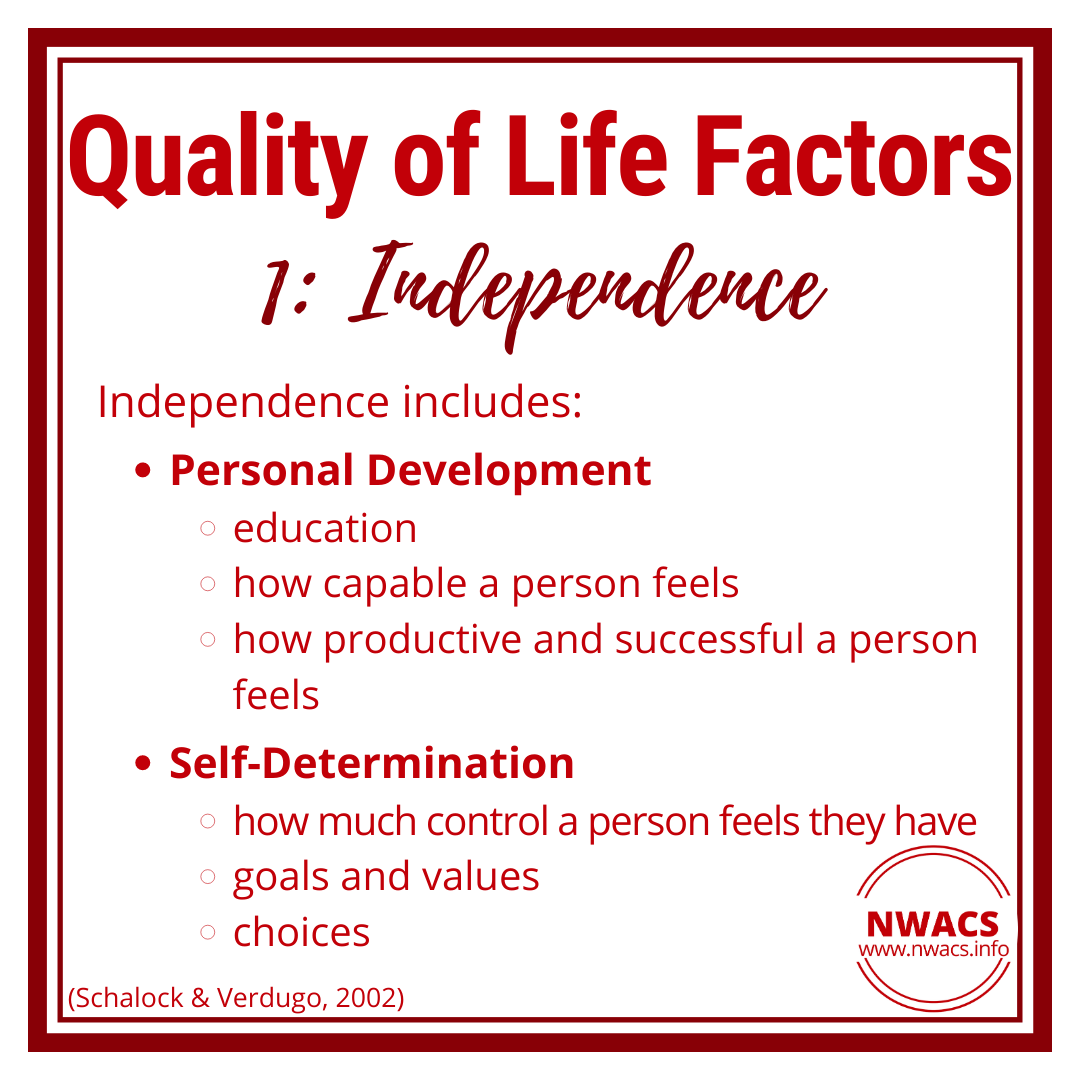 Infographic about quality of life factors: Independence, which includes personal development and self-determination
