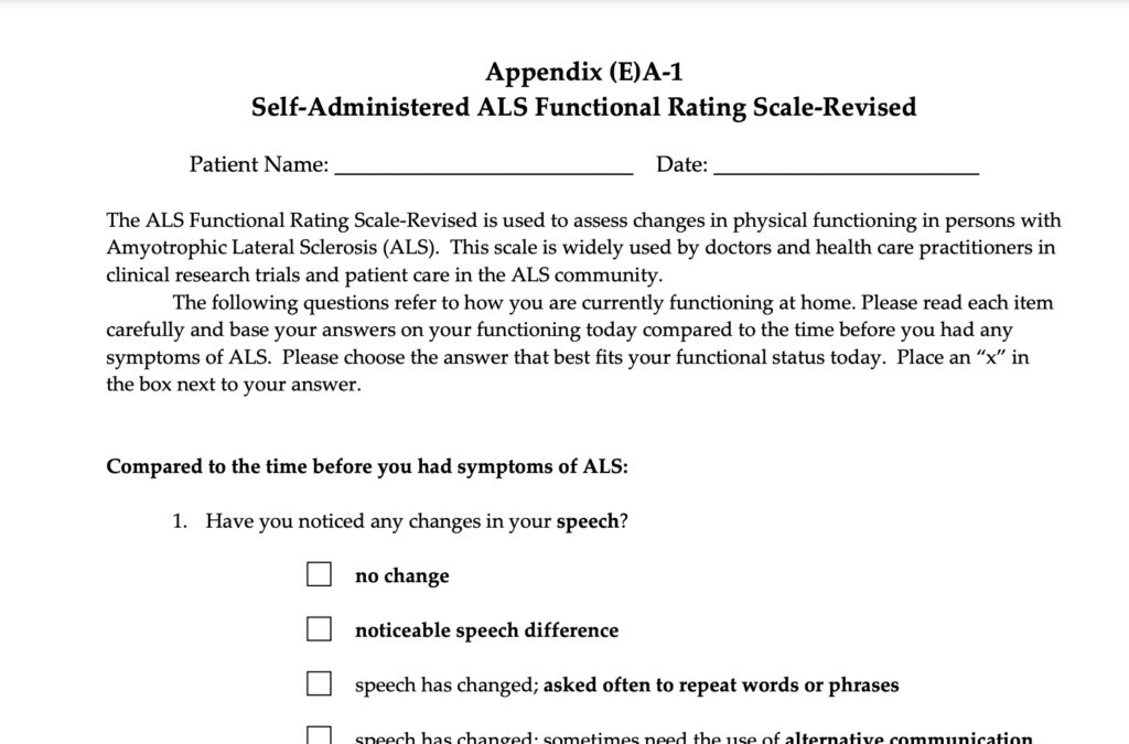 screenshot of part of a paper version of the ALS Functional Rating Scale - Revised