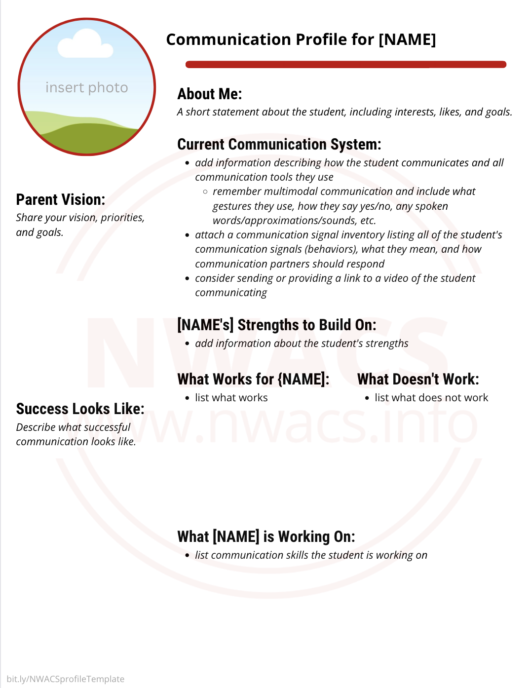 screenshot of the Communication Profile template from NWACS