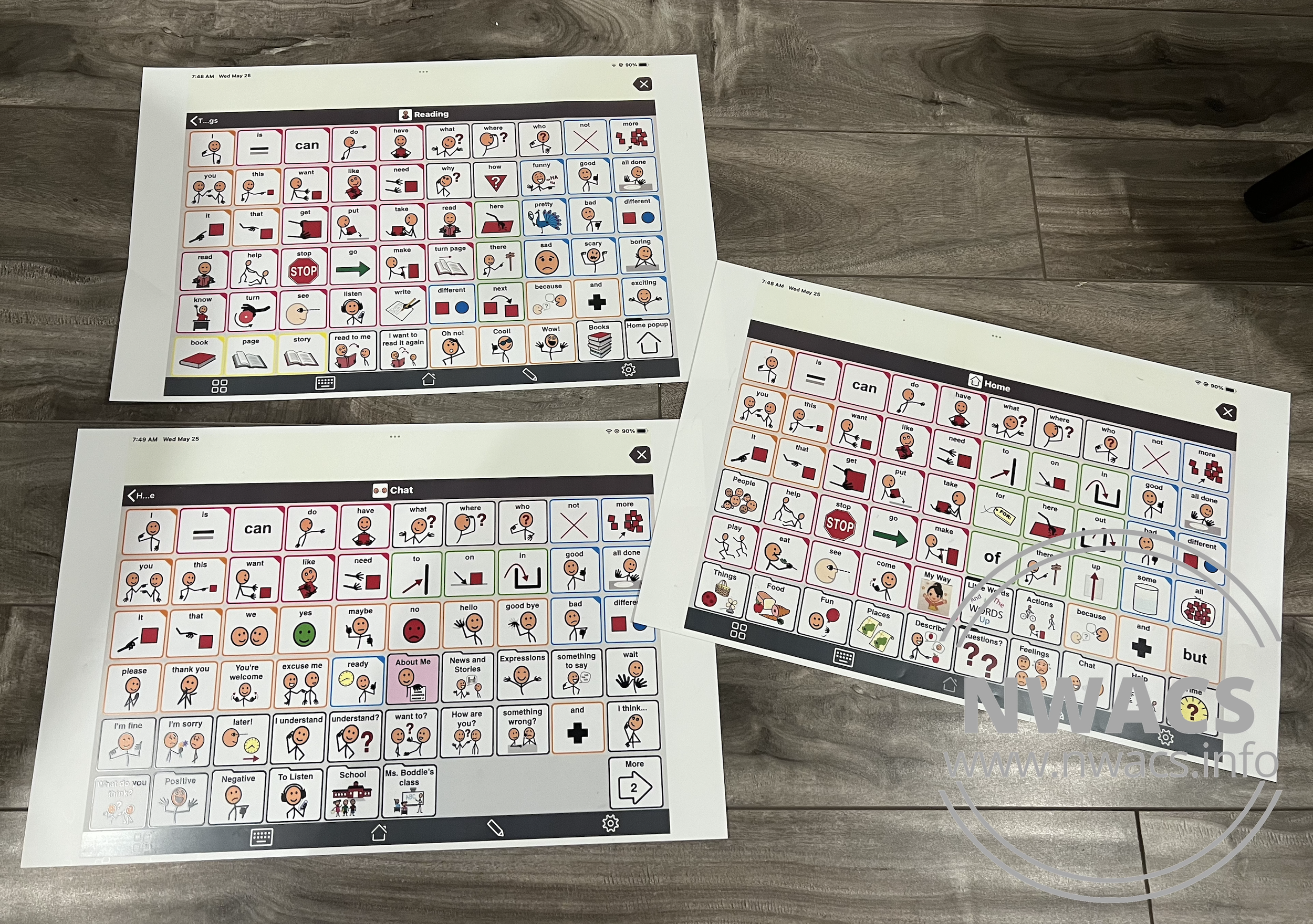 three printed screenshots from her daughter's AAC device