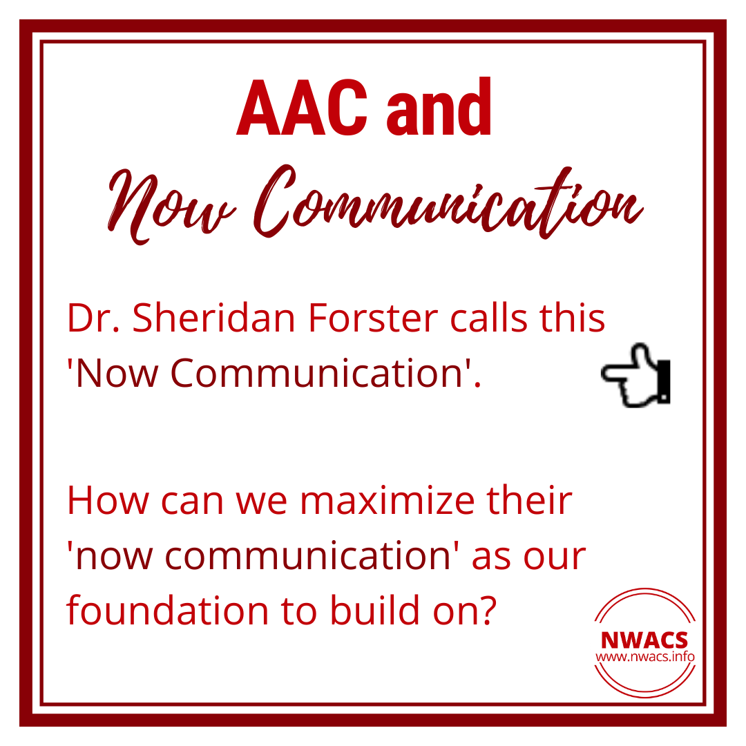 Infographic about the term "Now Communication (a term used by Dr. Sheridan Forster). Dr. Forster encourages us to consider how we can maximize the person's 'now communication' as a foundation to build on.