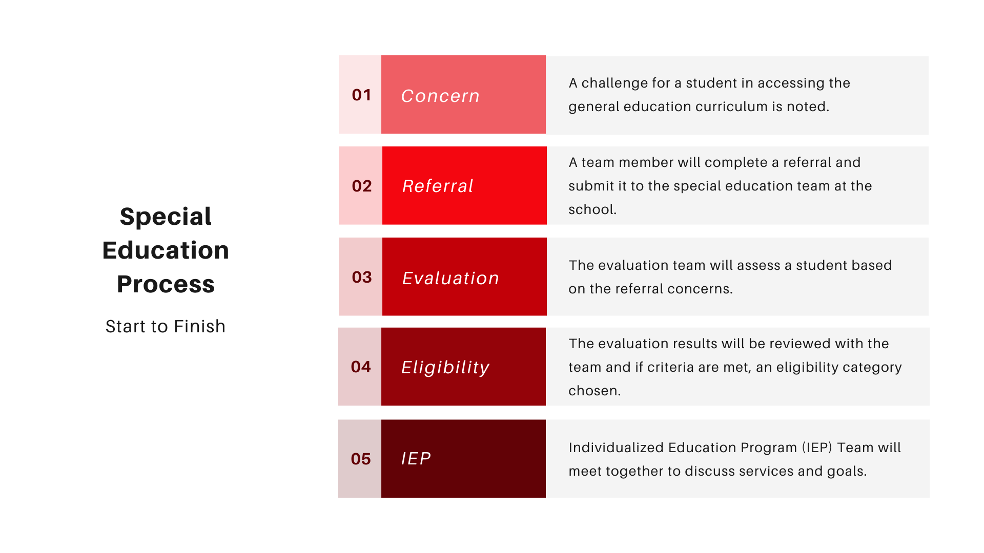 Infographic showing the special education referral process. See the text to the right for hte information in text-only format.