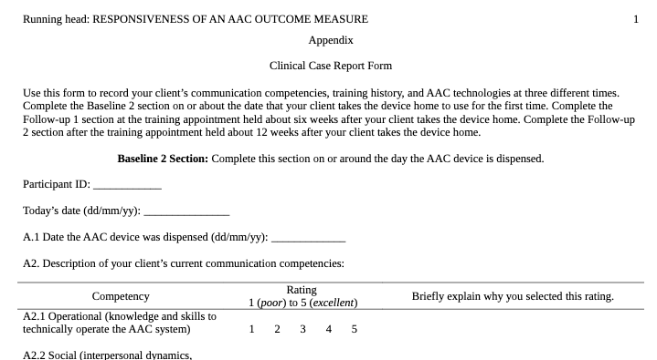 screenshot of part of Responsiveness of an AAC Outcome Measure: Clinical Case Report Form