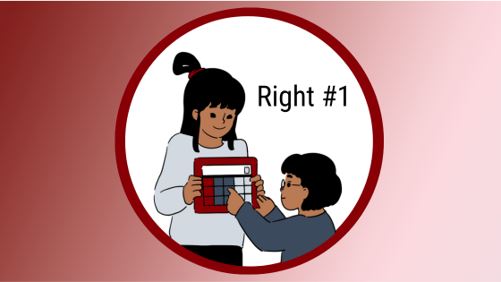 drawing of an adult holding an AAC device out to a child who is reaching toward the device to say something
