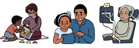 color drawings illustrating AAC users across the lifespan (a young child, a youth, and an adult) using different AAC systems