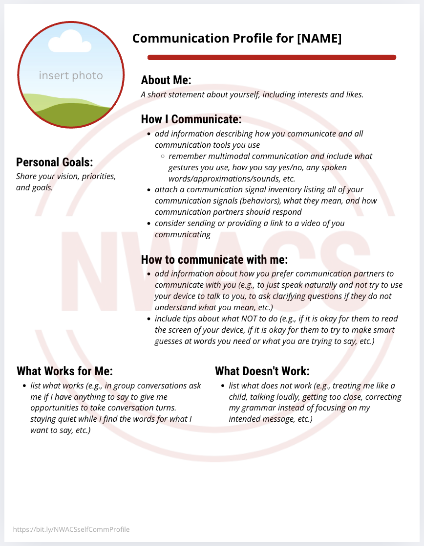 screenshot preview of the Self-Advocate Communication Profile template