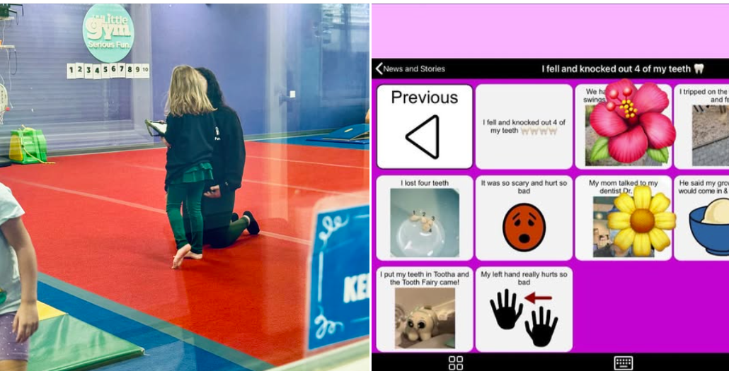 photo of Cass's daughter H talking to her instructor using AAC and a screenshot of the page she used to do it